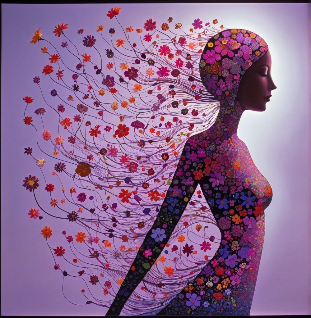 Silhouette of a Woman with Floral Patterns and Colors