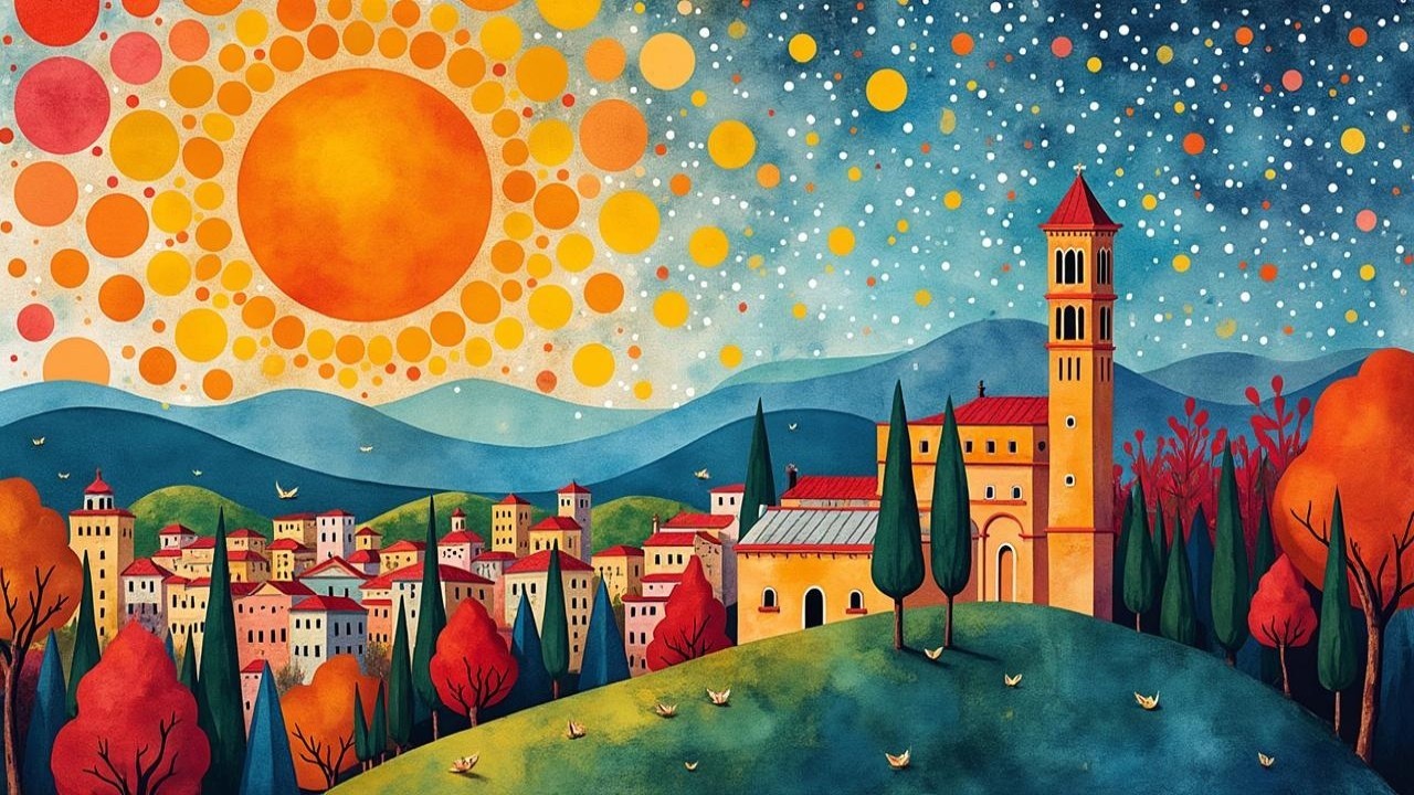 Vibrant Landscape with Colorful Houses and Trees