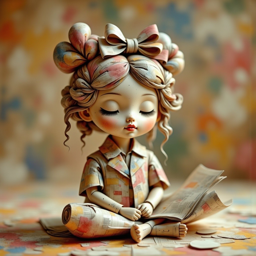 Whimsical doll with colorful hair and patchwork outfit