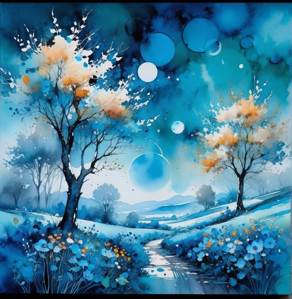 Serene landscape with blue hues and whimsical elements