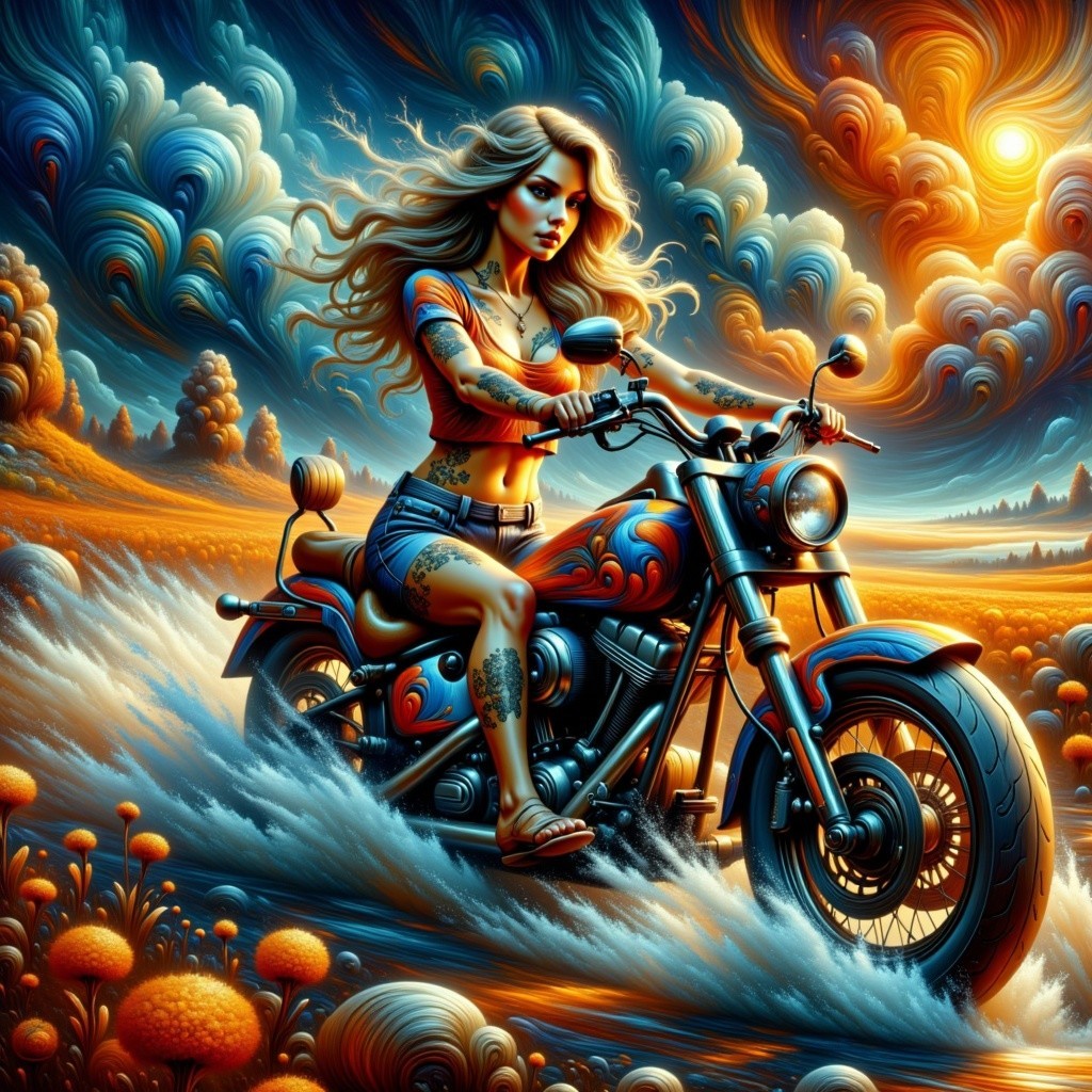Female Rider on Customized Motorcycle in Vibrant Landscape