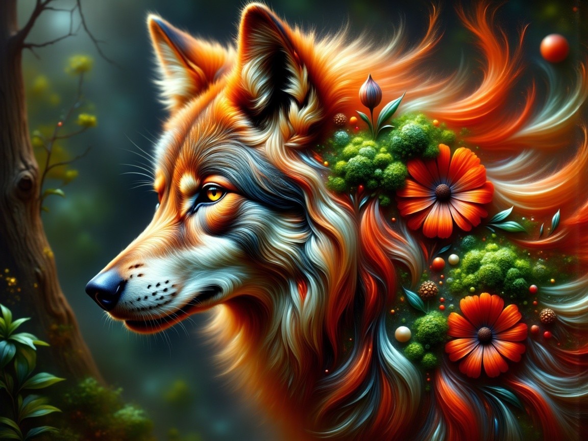 Vibrant Wolf Head with Flowers and Greenery Art