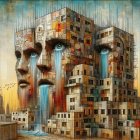Surreal Artwork of Abstract Faces and Colorful Building