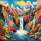 Vibrant Landscape with Waterfall and Mountains