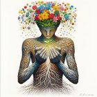 Serene figure with floral headdress and intricate cloak