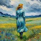 Surreal Landscape with Woman and Glowing Moon