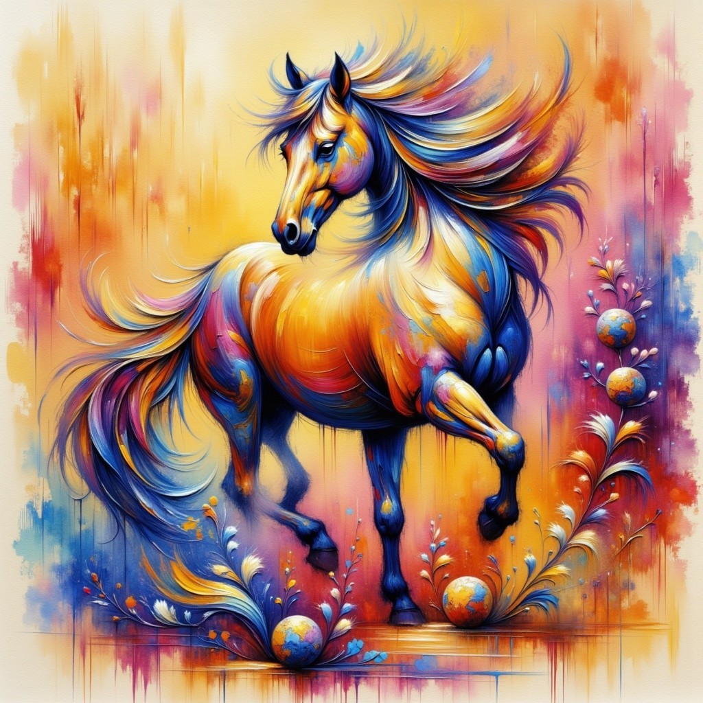 Vibrant Horse in Motion with Colorful Floral Accents