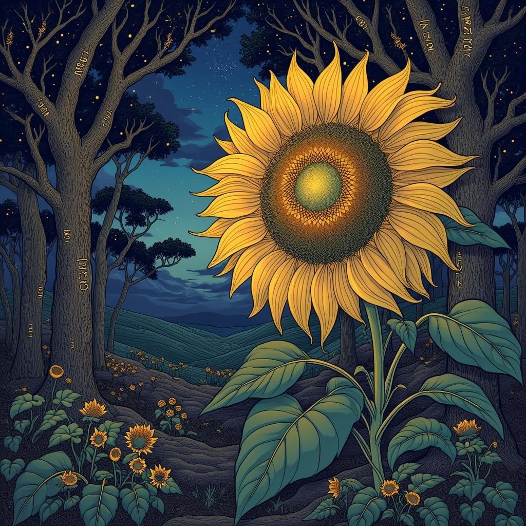 Vibrant Sunflower in Starry Night Forest Landscape