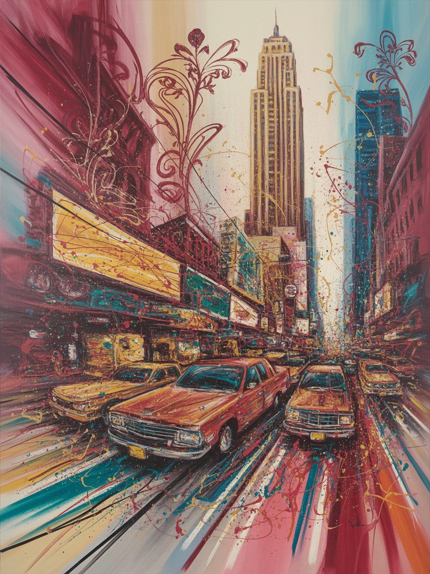 Vibrant City Scene with Yellow Taxis and Empire State Building
