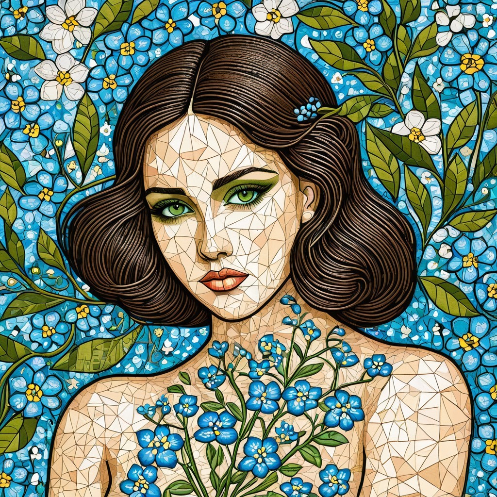Stylized portrait of a young woman with blue flowers