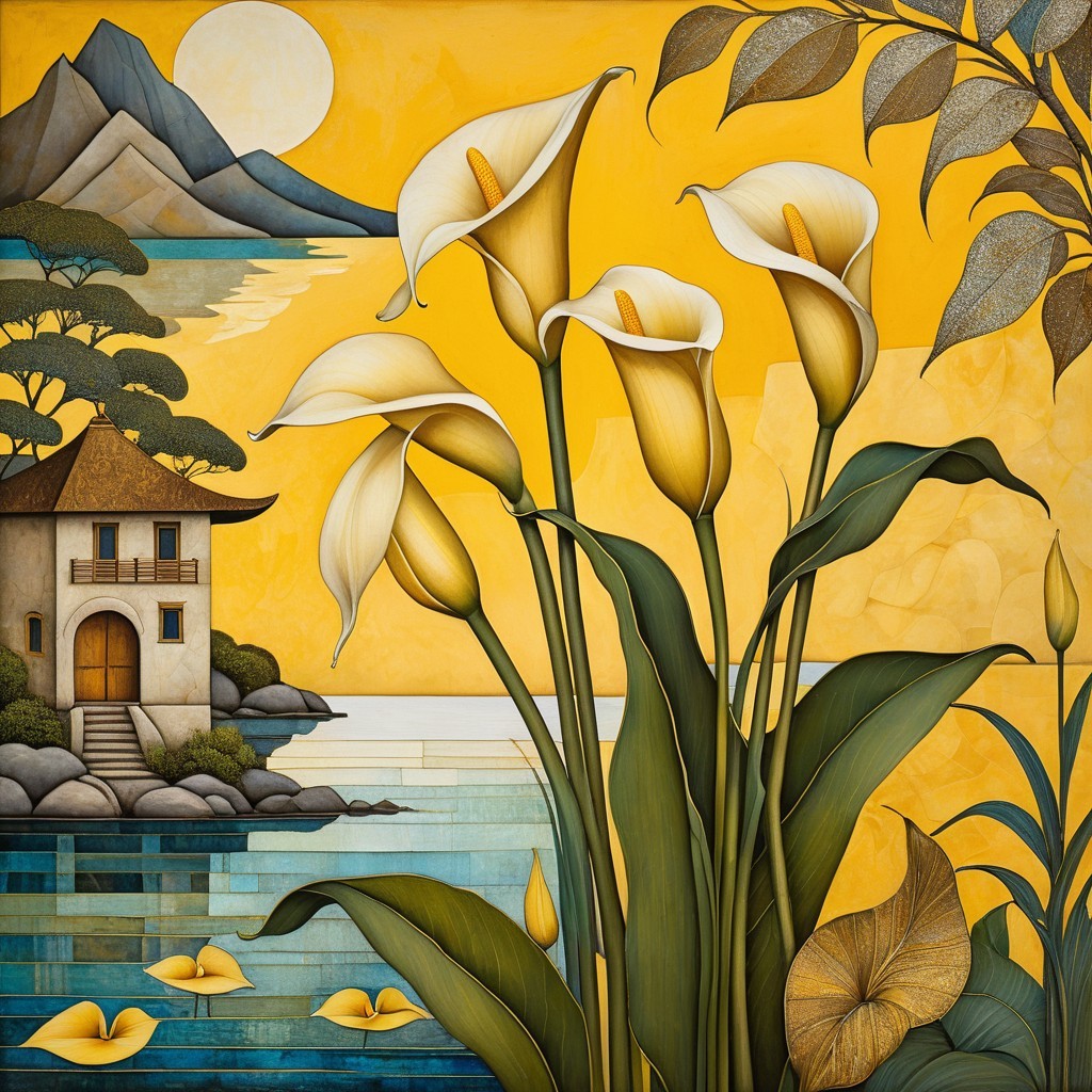 Yellow Calla Lilies Against a Golden Landscape