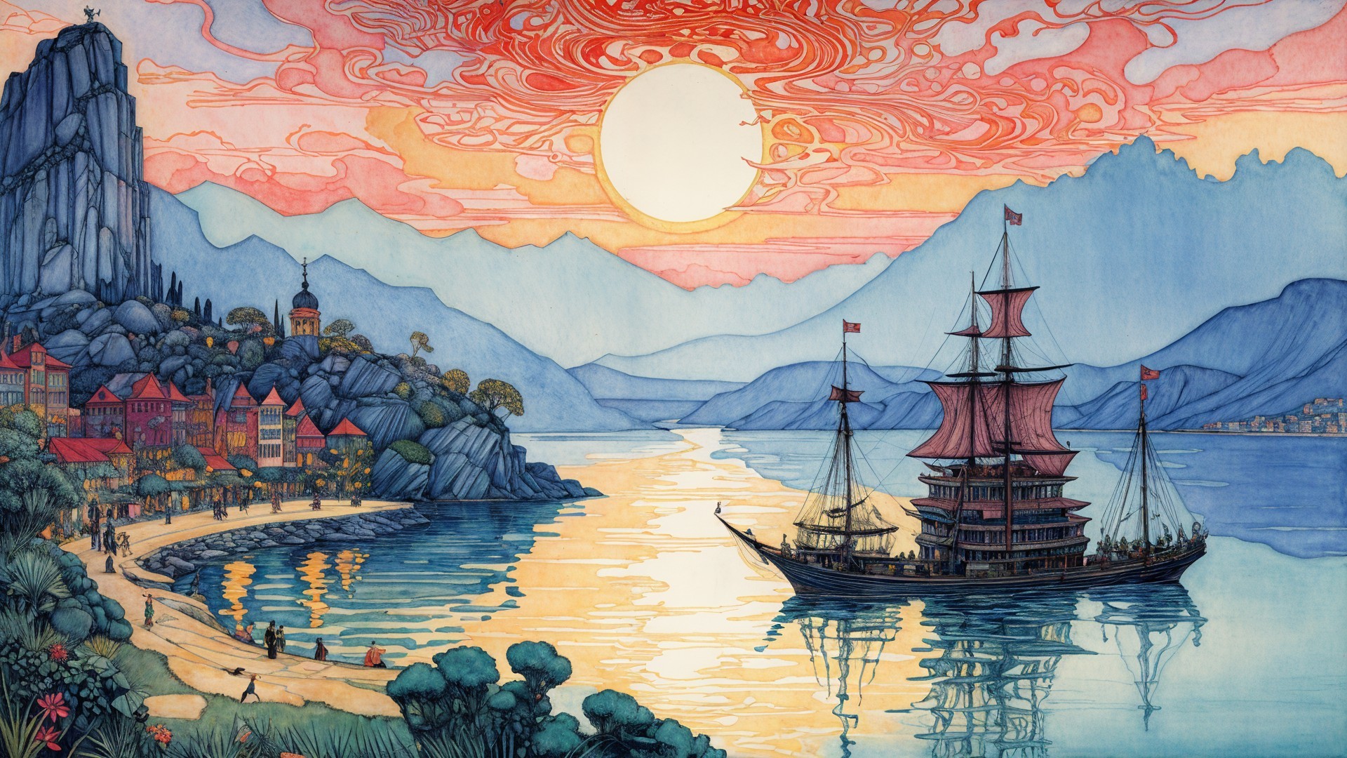 Coastal Sunset with Ship and Mountain Backdrop