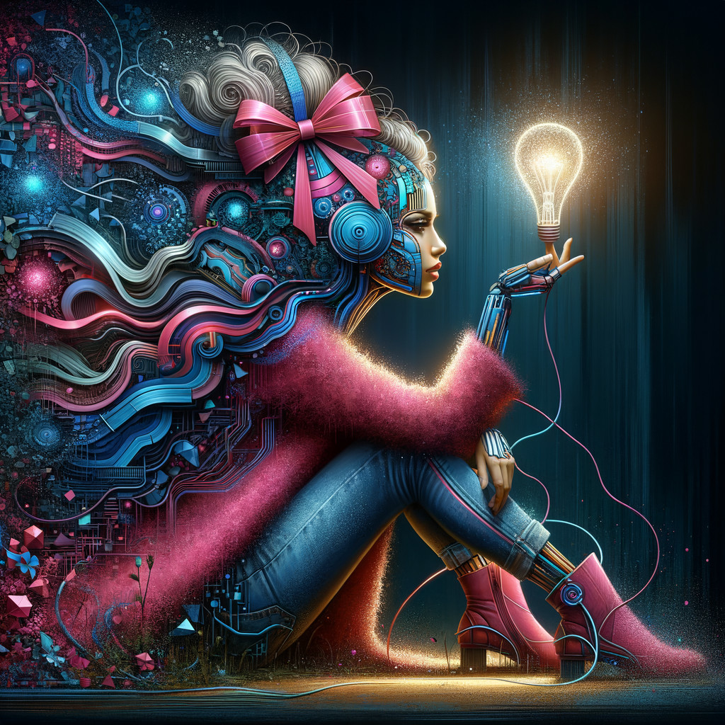 Futuristic woman with glowing light bulb and digital art