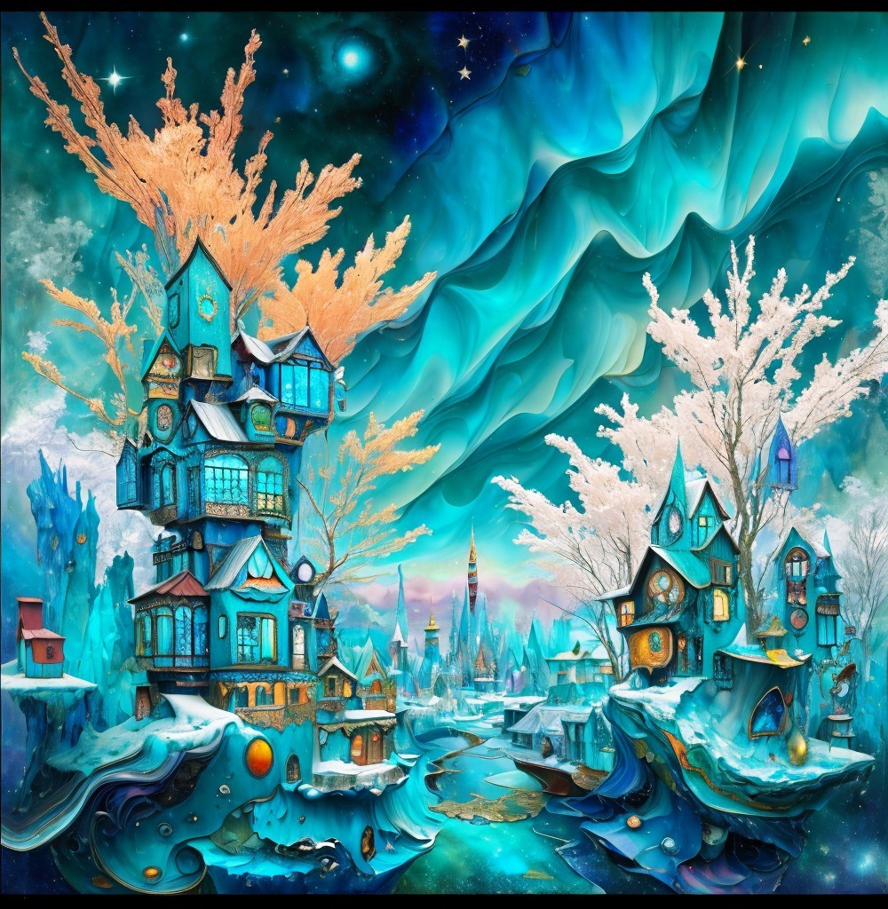 Whimsical Landscape with Icy Houses and Starry Sky