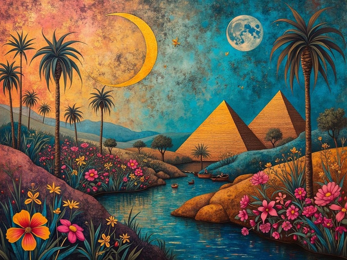 Vibrant Sunset with Pyramids and Moonlit River Scene
