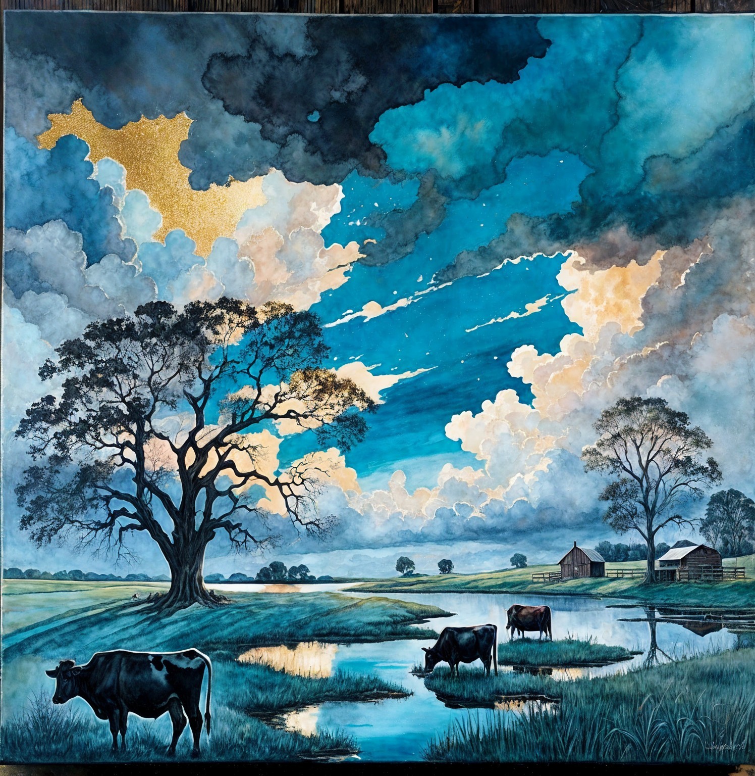 Serene Countryside Scene with Grazing Cows and Pond