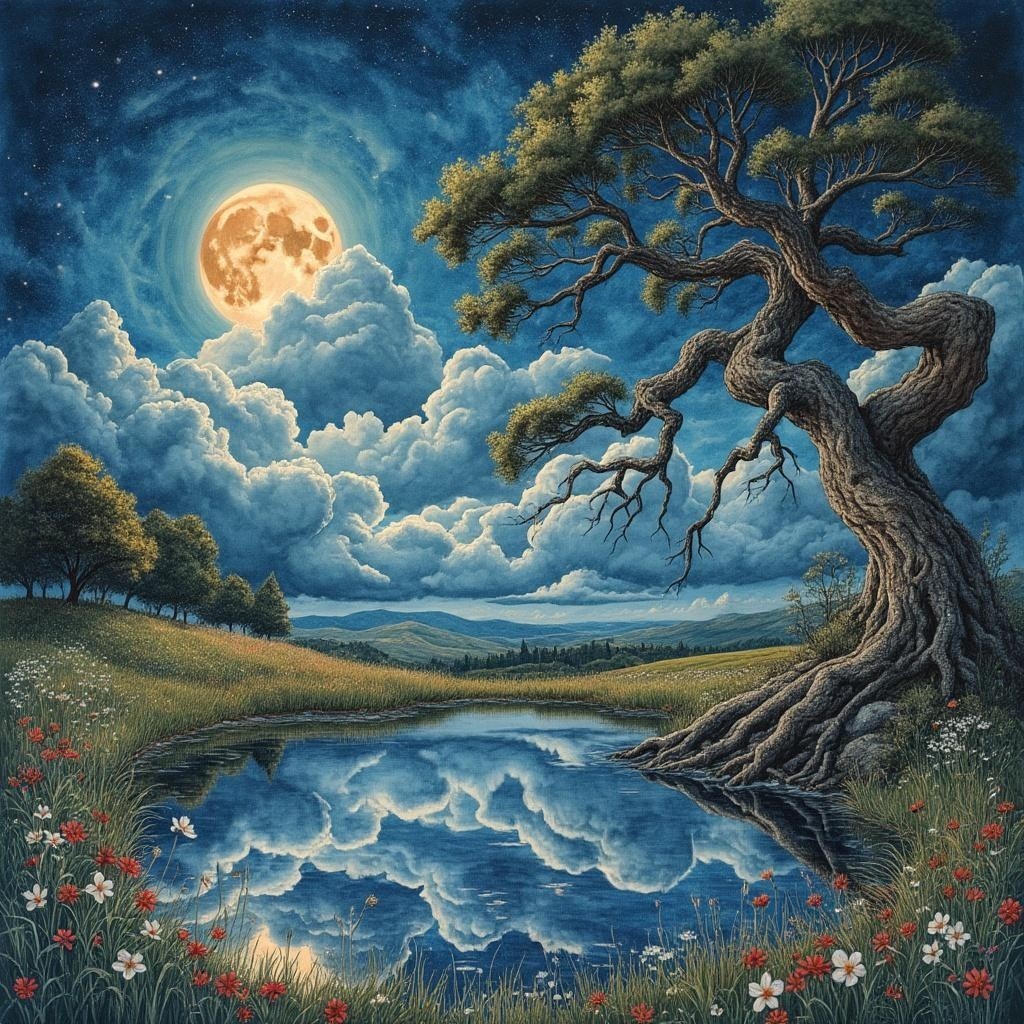 Tranquil Landscape with Tree and Serene Pond at Night