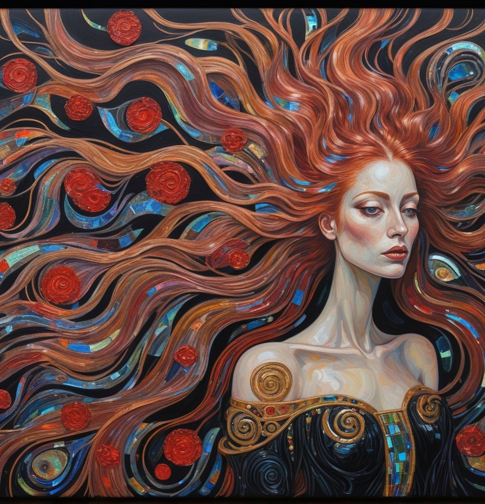 Striking Woman with Flowing Red Hair in Dark Setting