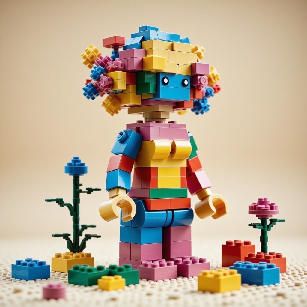 Colorful LEGO Figure with Abstract Design and Flora