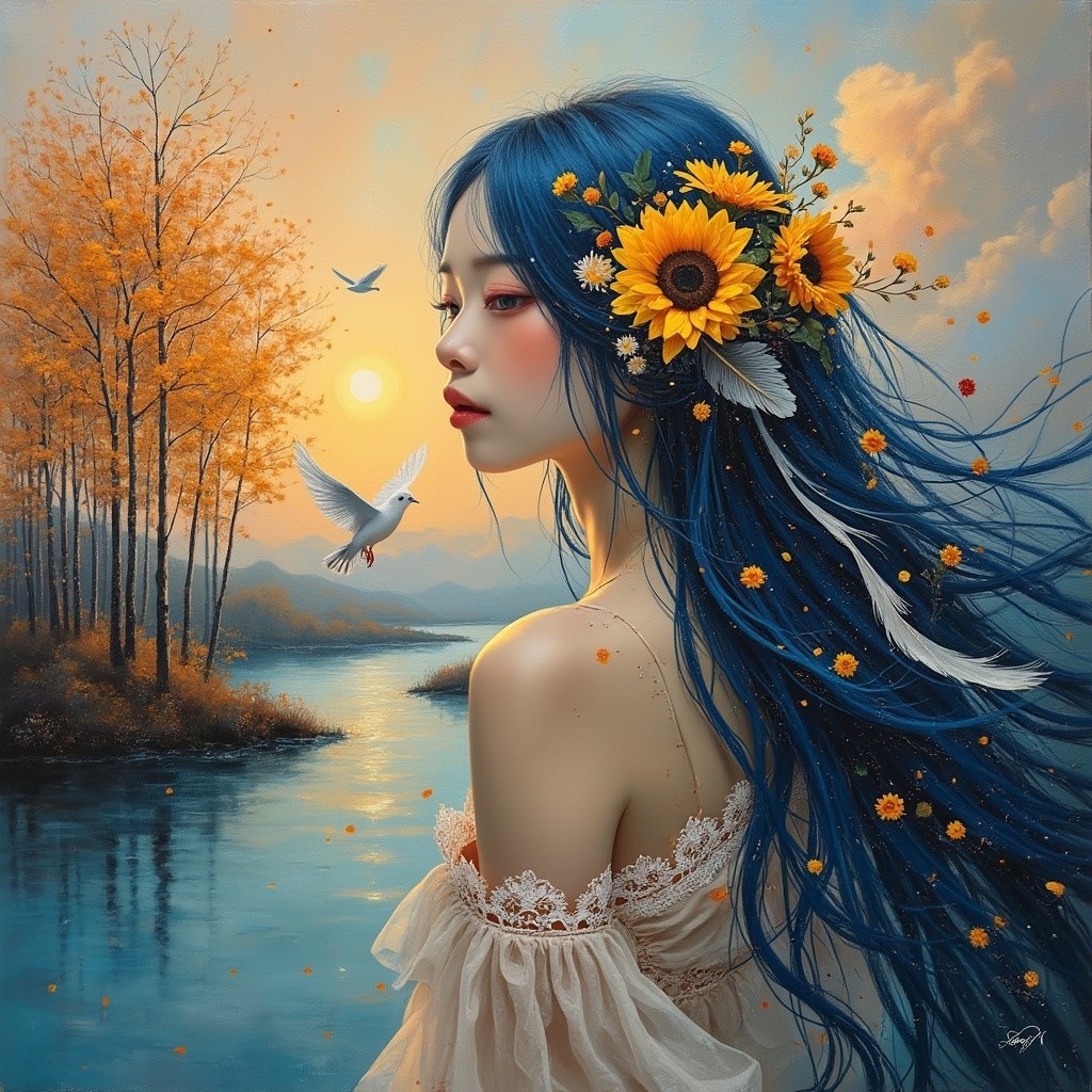 Young Woman with Blue Hair by Tranquil River at Sunset