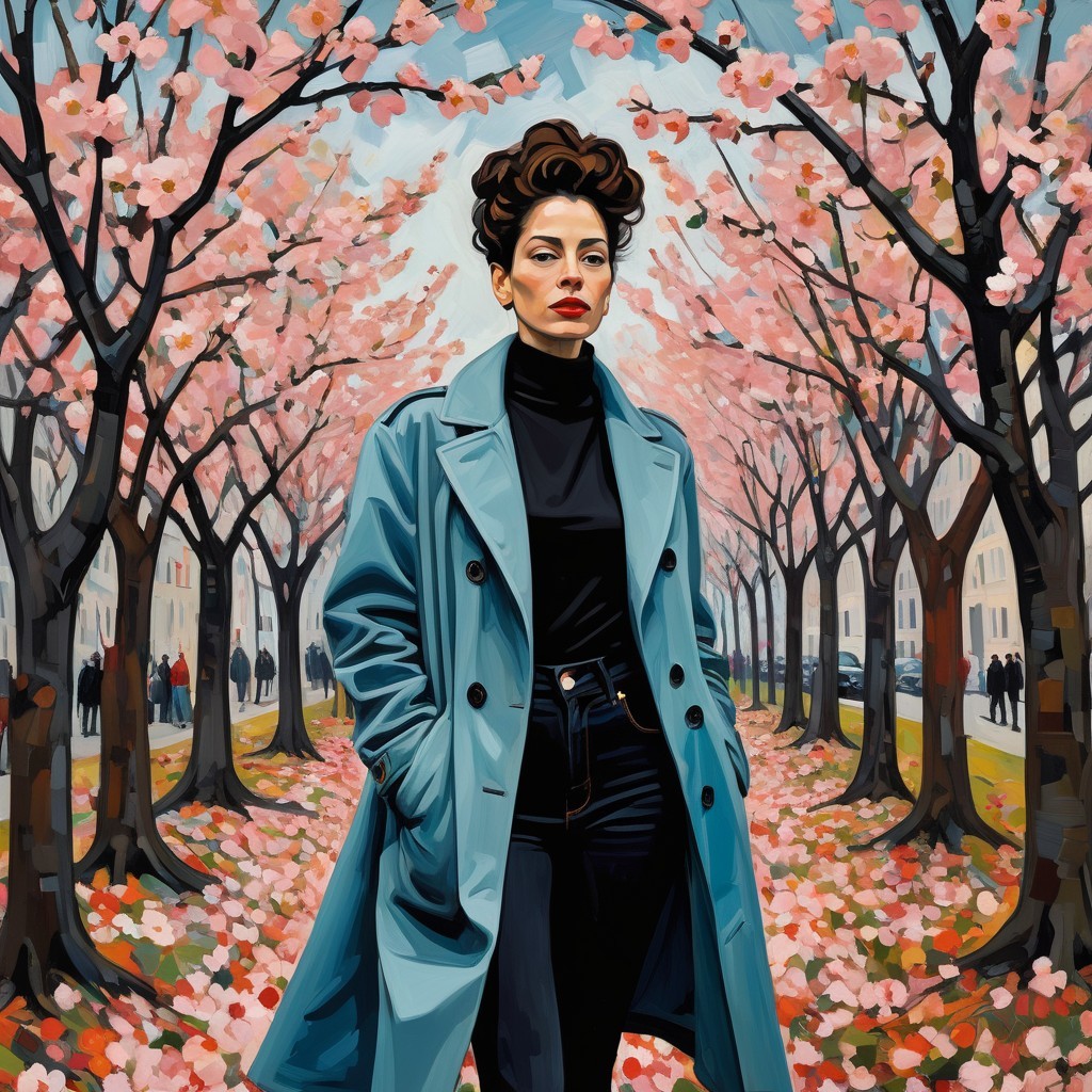 Confident Woman in Cherry Blossom Spring Scene