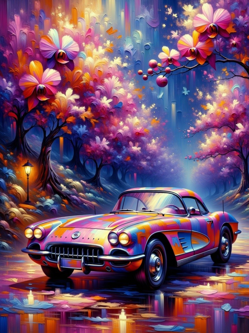 Classic Car in Dreamy Floral Landscape at Night
