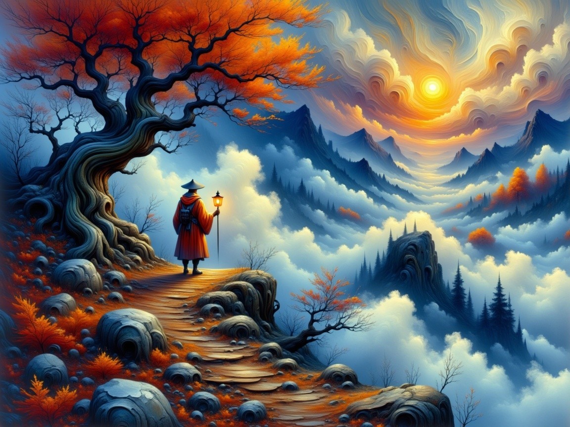 Lone Figure with Lantern on Winding Path at Sunset