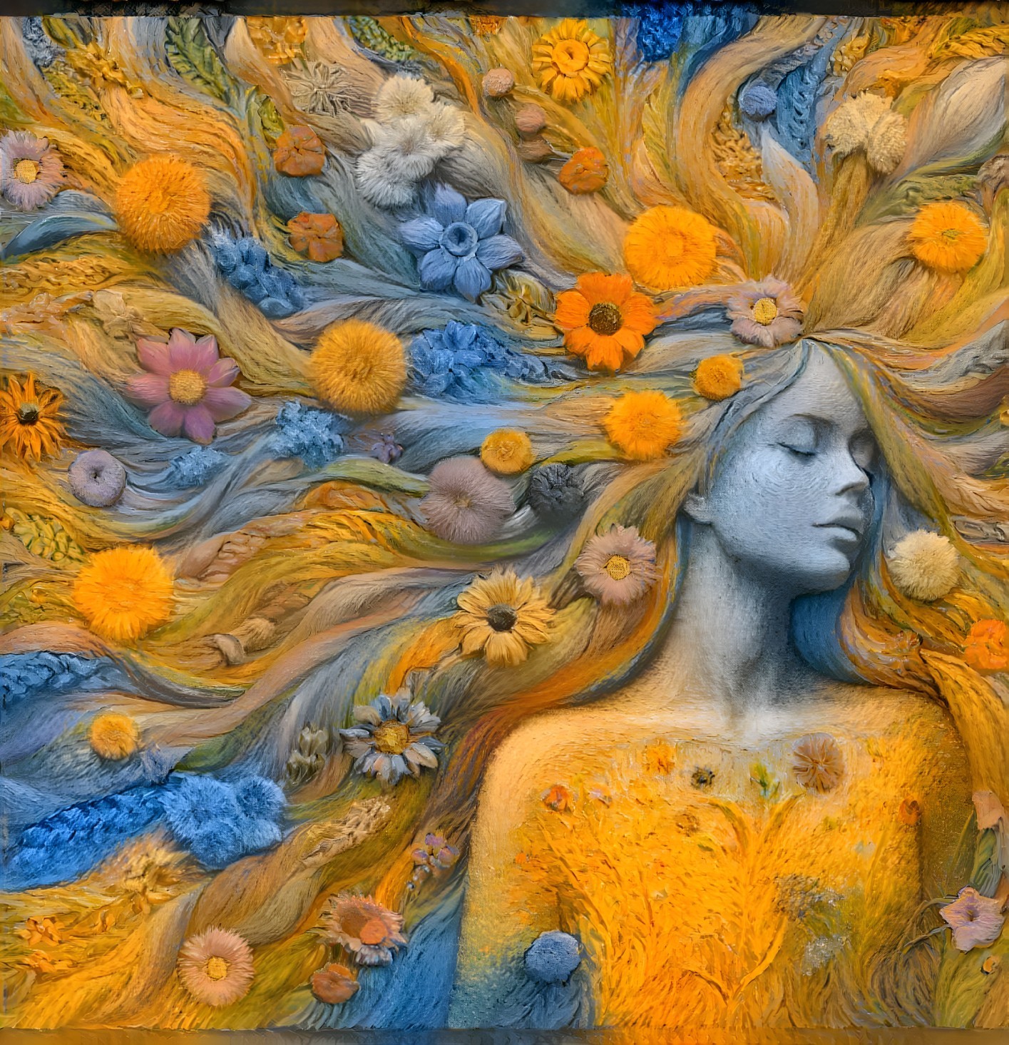 Serene Figure with Floral Hair and Natural Elements