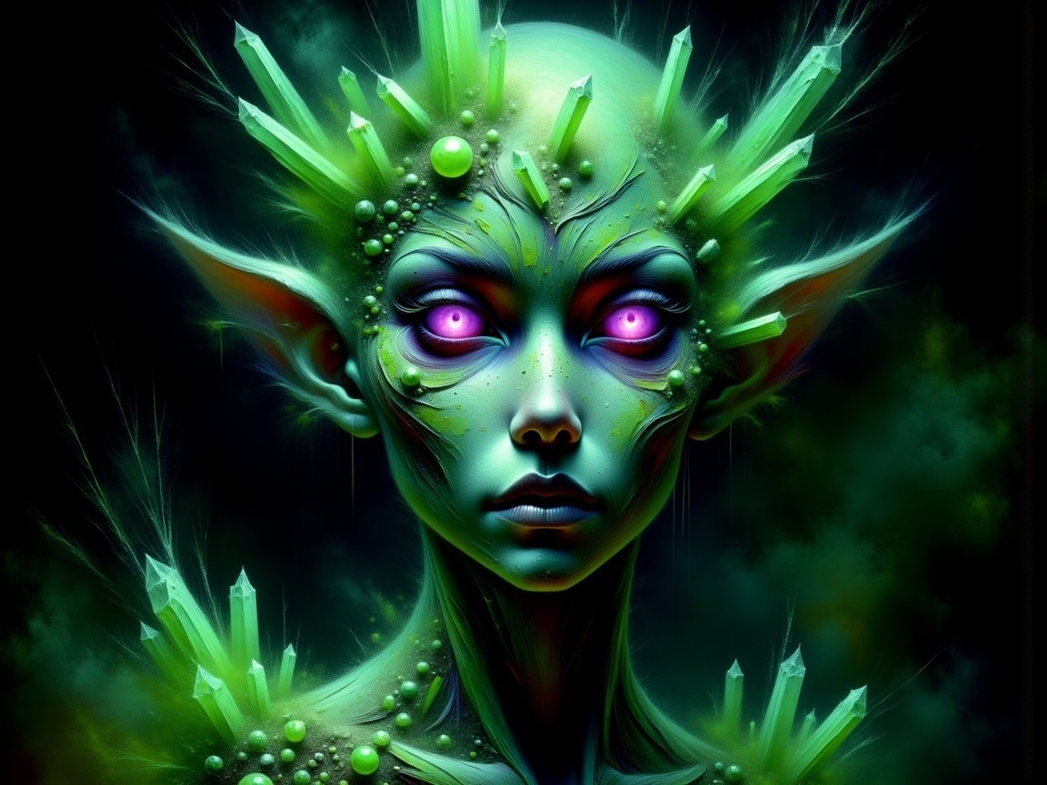 Otherworldly figure with green skin and glowing crystals