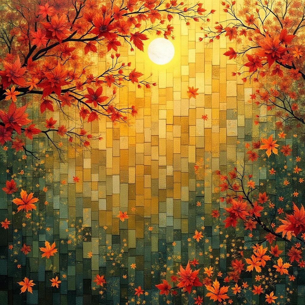 Serene Autumn Scene with Vibrant Leaves and Glow