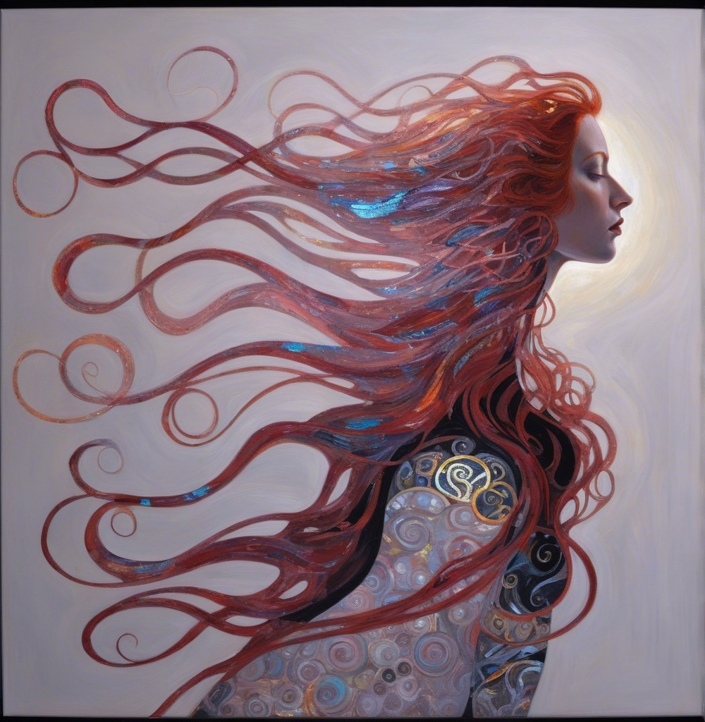 Woman with flowing red hair in serene profile