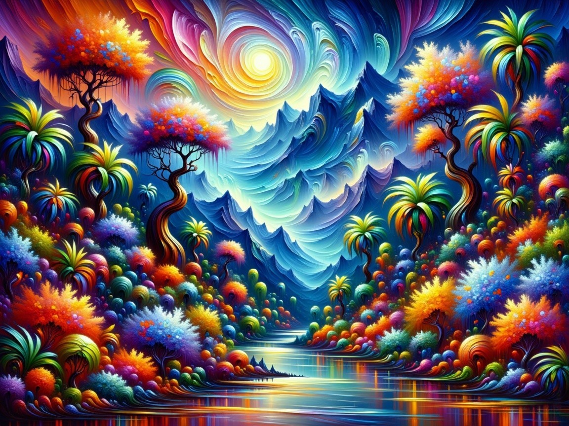 Vibrant Landscape with Colorful Trees and Mountains