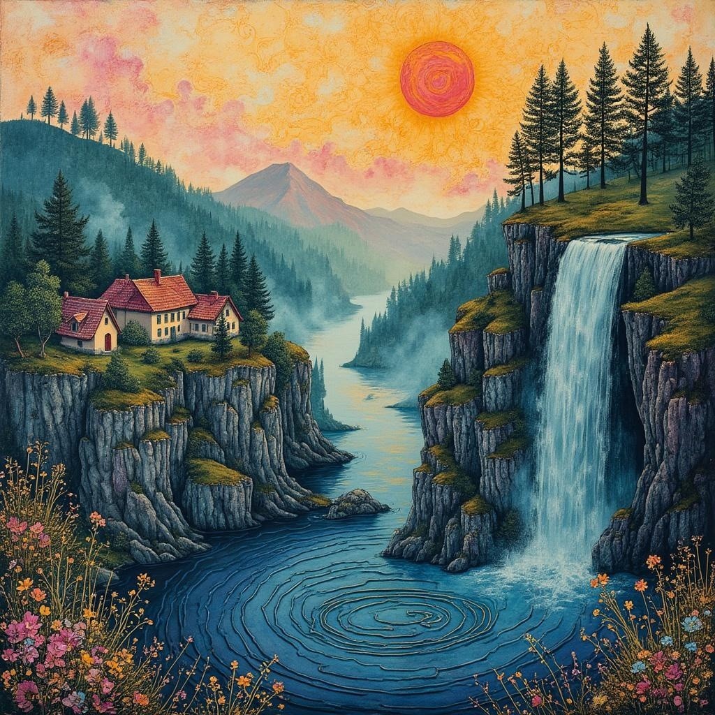 Serene Landscape with River and Waterfall Features