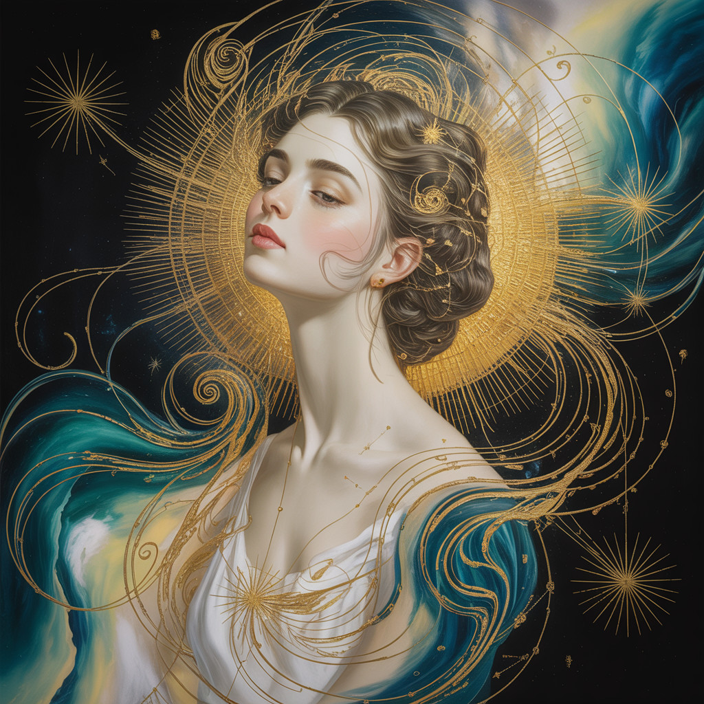 Serene Young Woman with Golden Halo and Vibrant Colors
