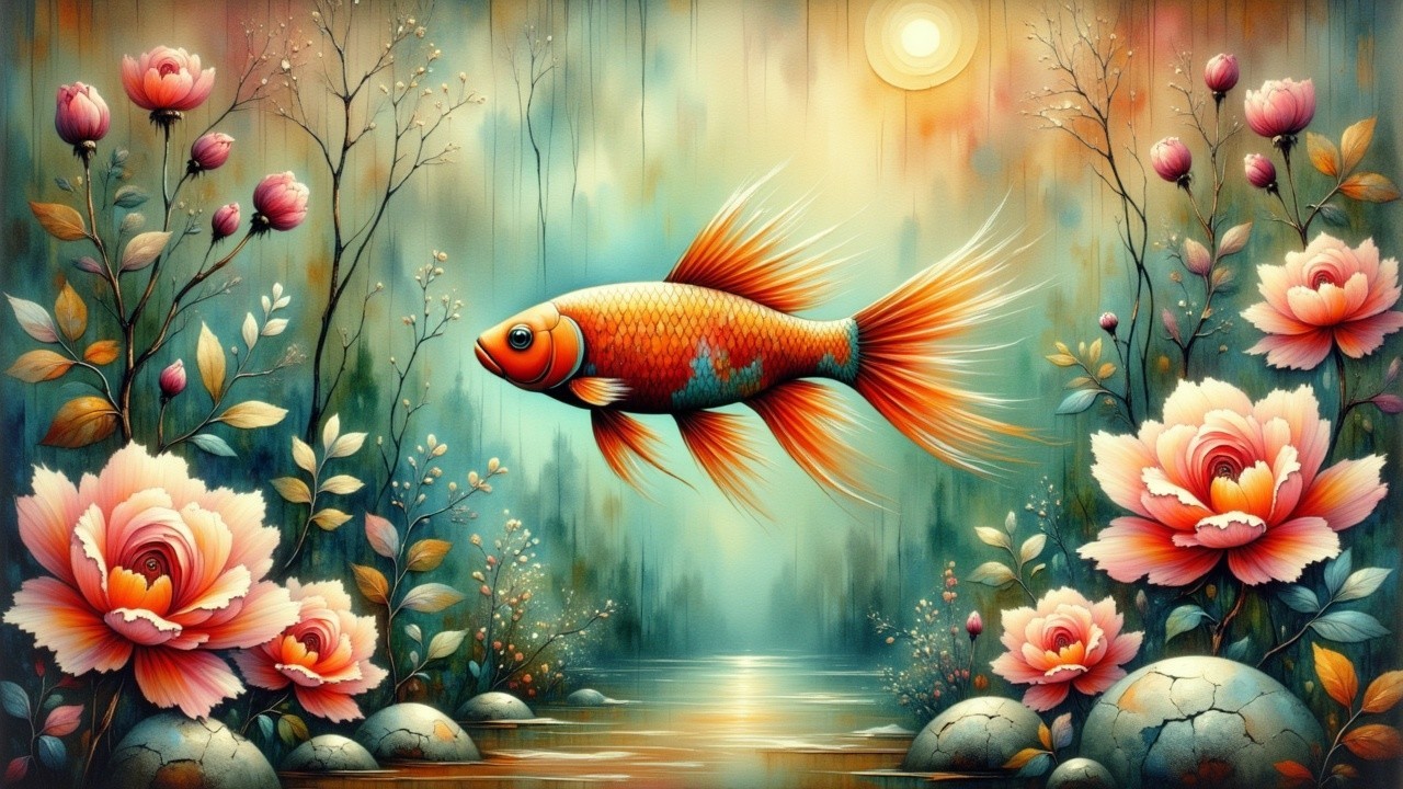 Vibrant goldfish in serene water with roses and foliage