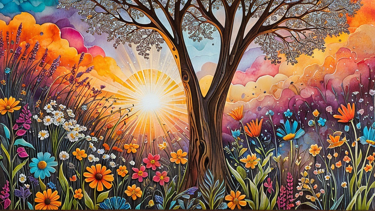 Vibrant Landscape with Majestic Tree and Wildflowers