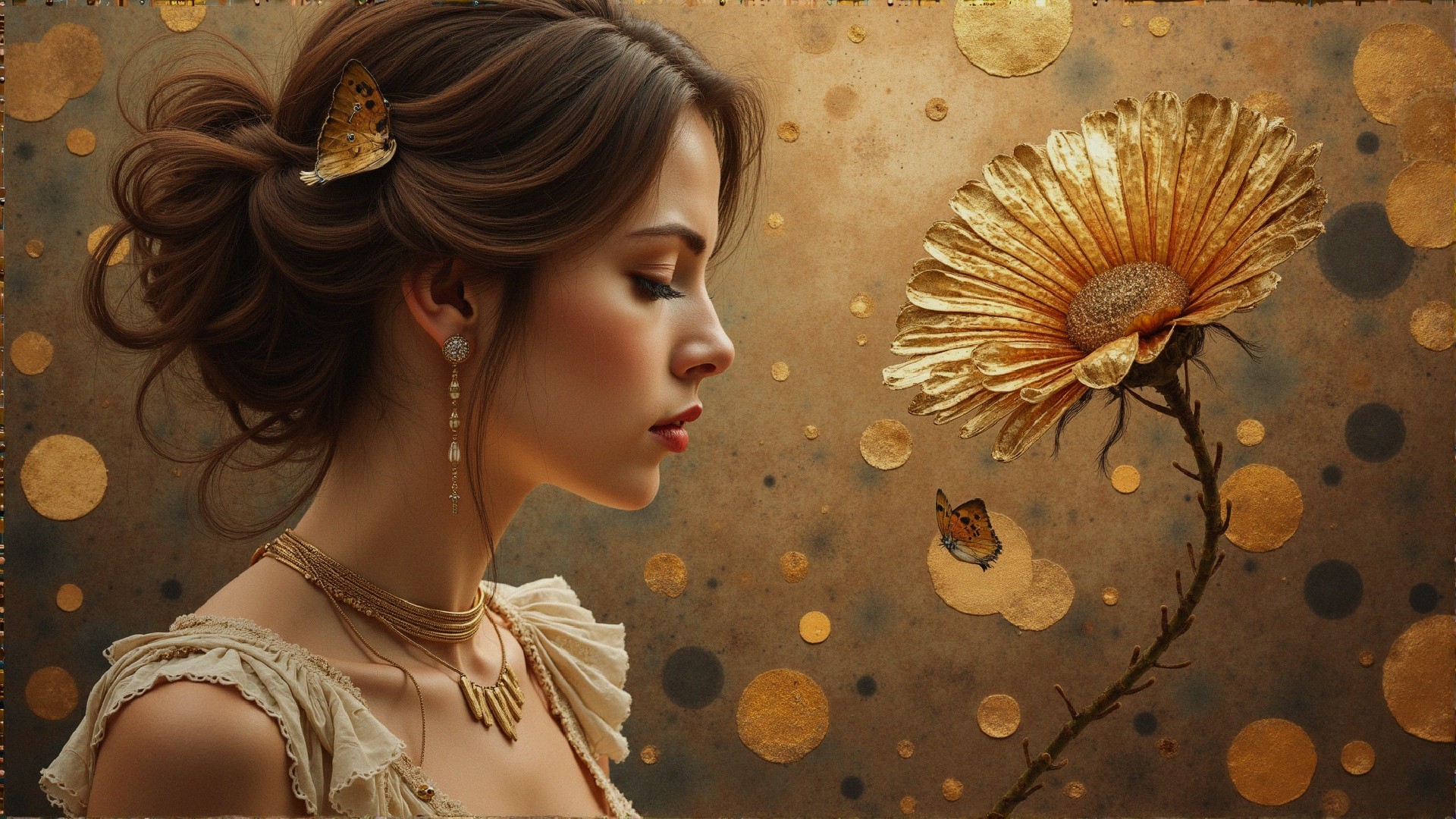 Young Woman with Butterfly Accessories and Floral Decor