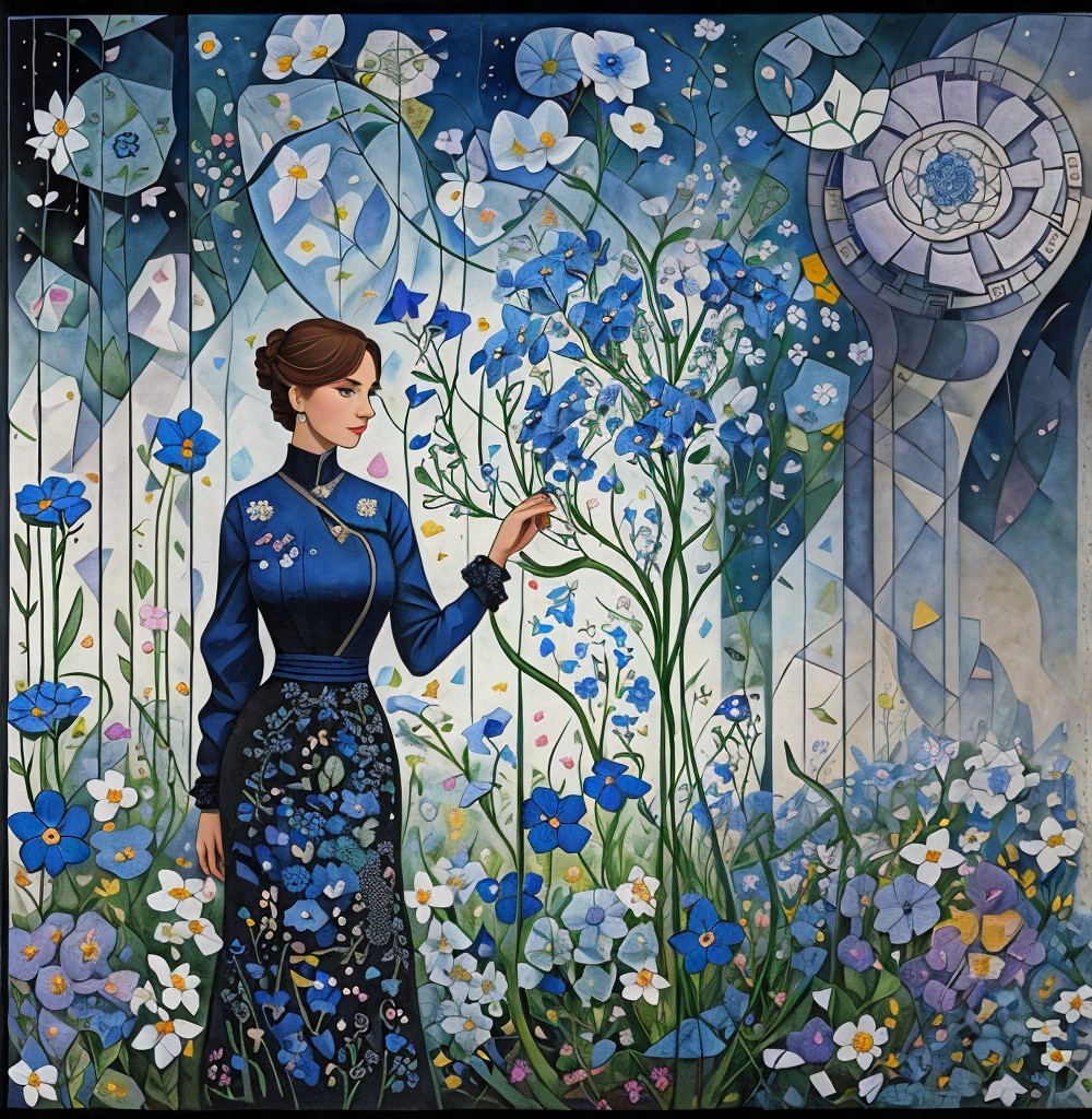 Woman in Floral Dress Surrounded by Blue Flowers