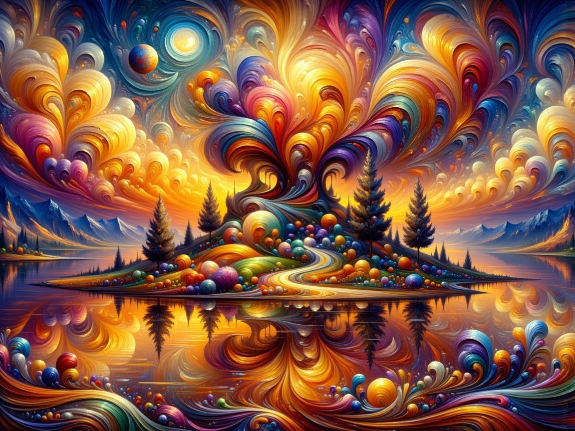 Vibrant Abstract Landscape with Colorful Clouds and Water