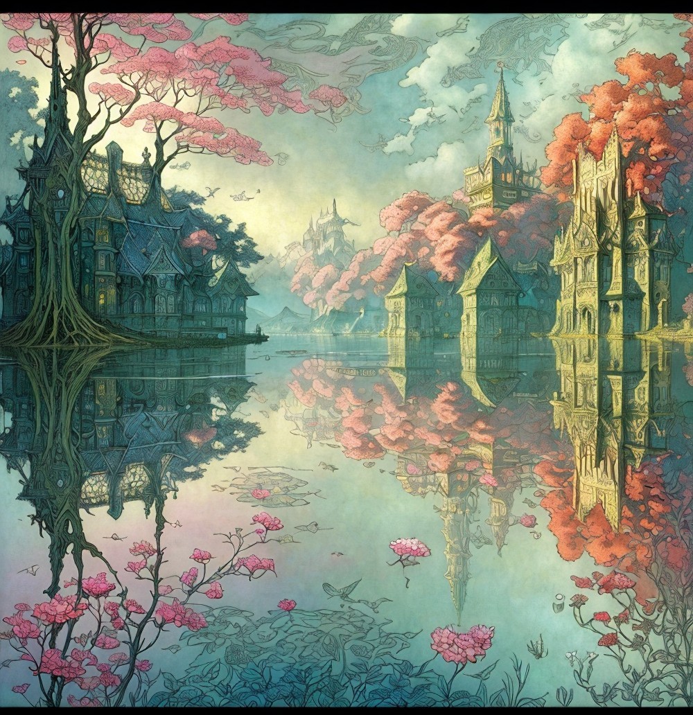 Whimsical Architecture Amid Cherry Blossoms and Lake