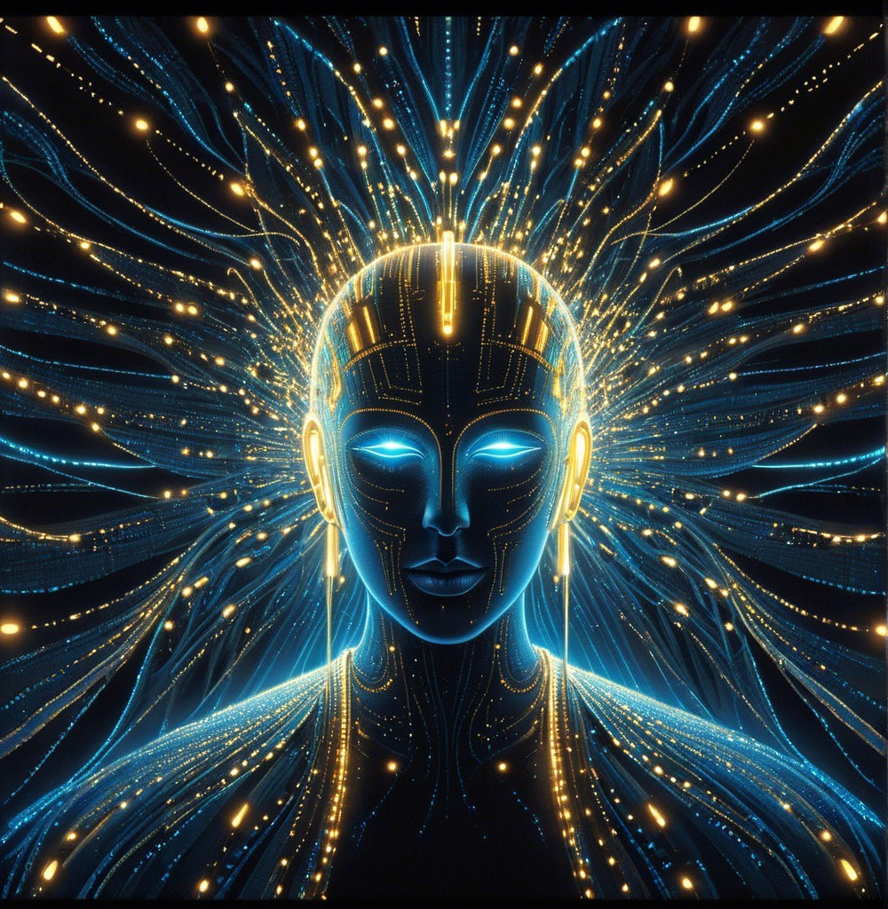 Futuristic humanoid figure with glowing circuits and lights