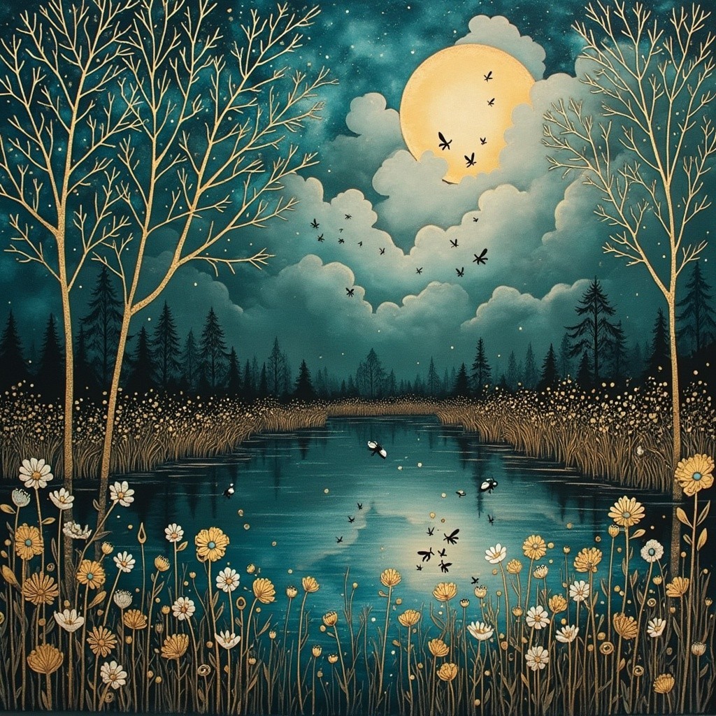 Tranquil Night Scene with Water, Moon, and Trees
