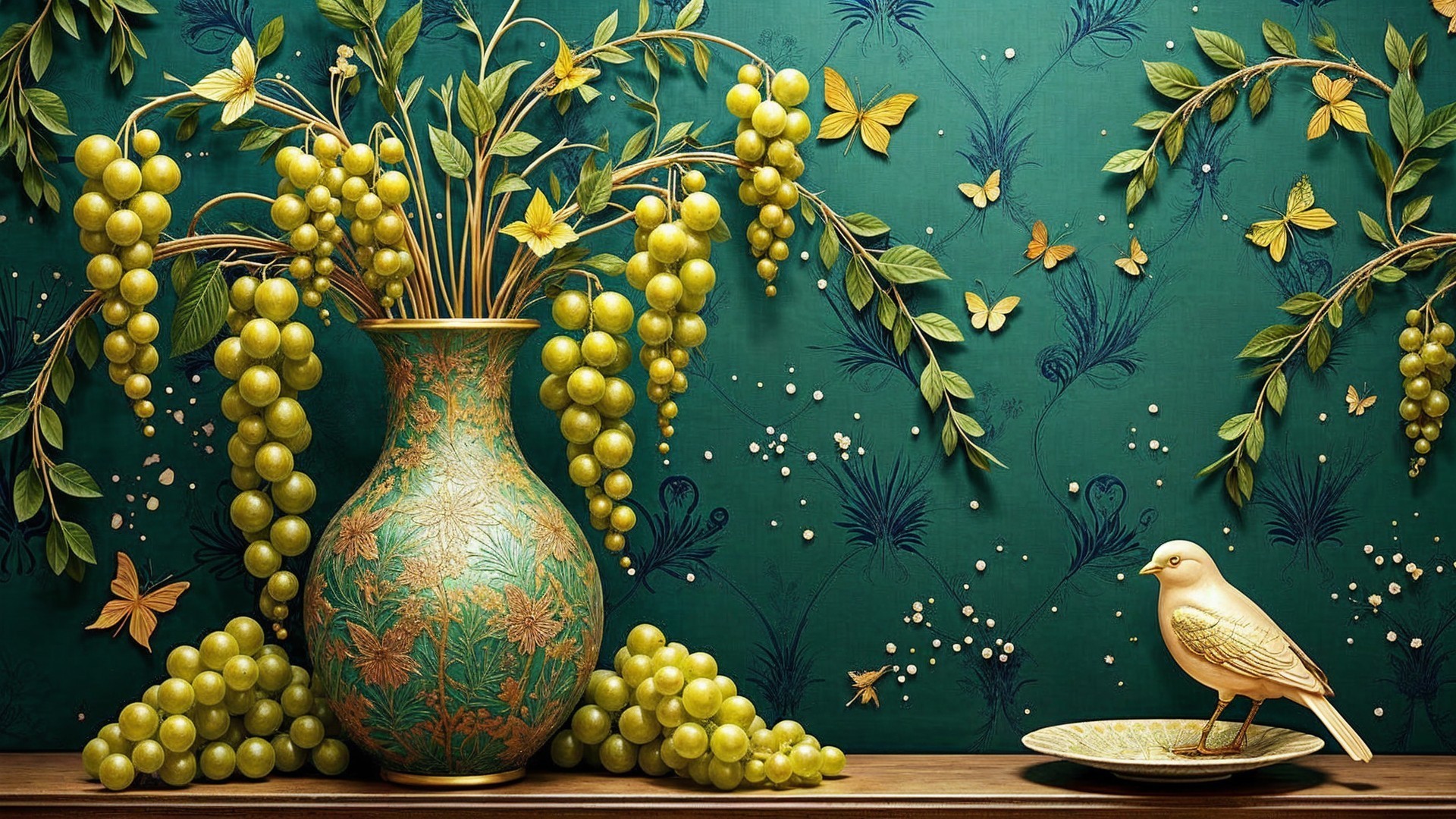 Vibrant Still Life with Ornate Vase and Butterflies
