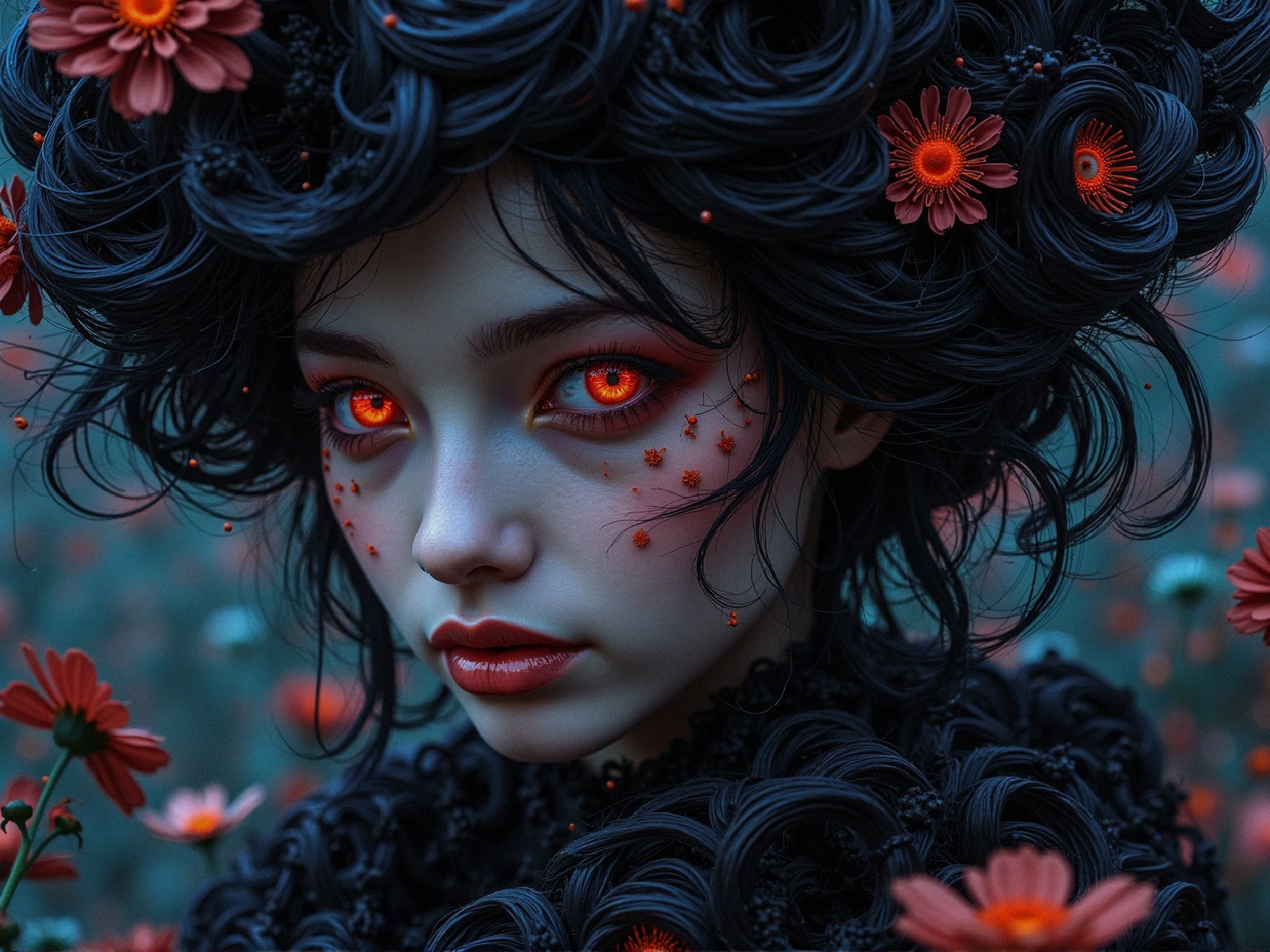 Young woman with red eyes and floral hair details