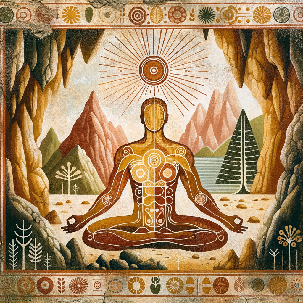 Meditating Figure in Cave Surrounded by Nature