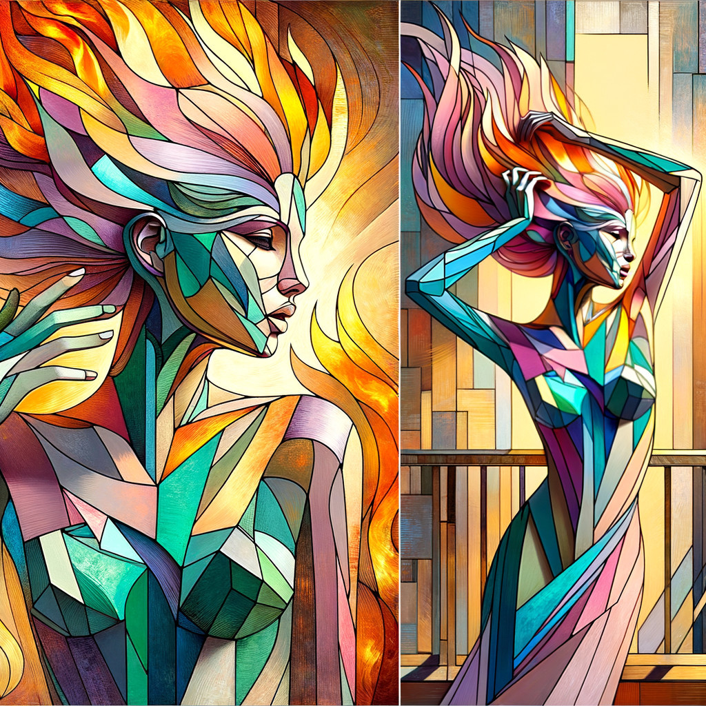 Abstract Geometric Portrait of a Woman with Fiery Hair