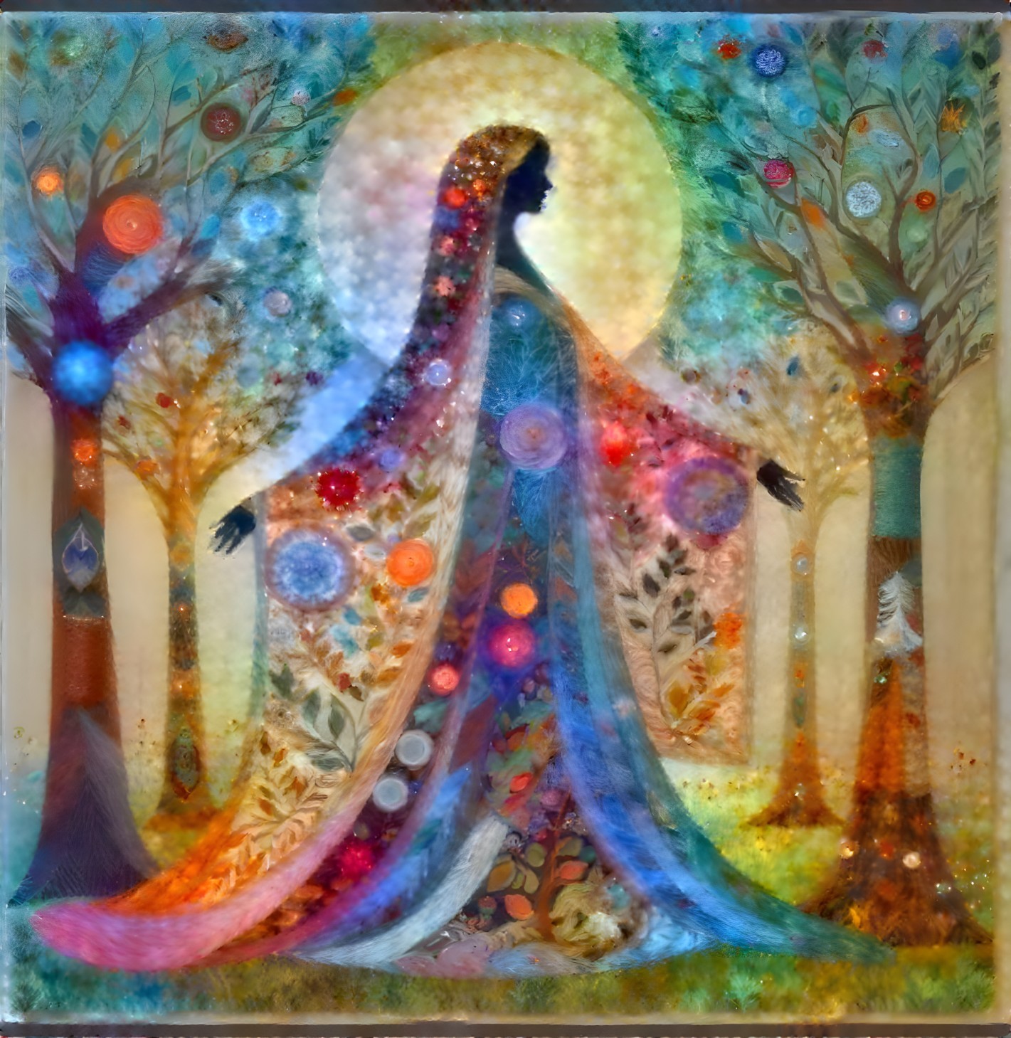 Silhouette of a Woman Amidst Vibrant Trees and Patterns