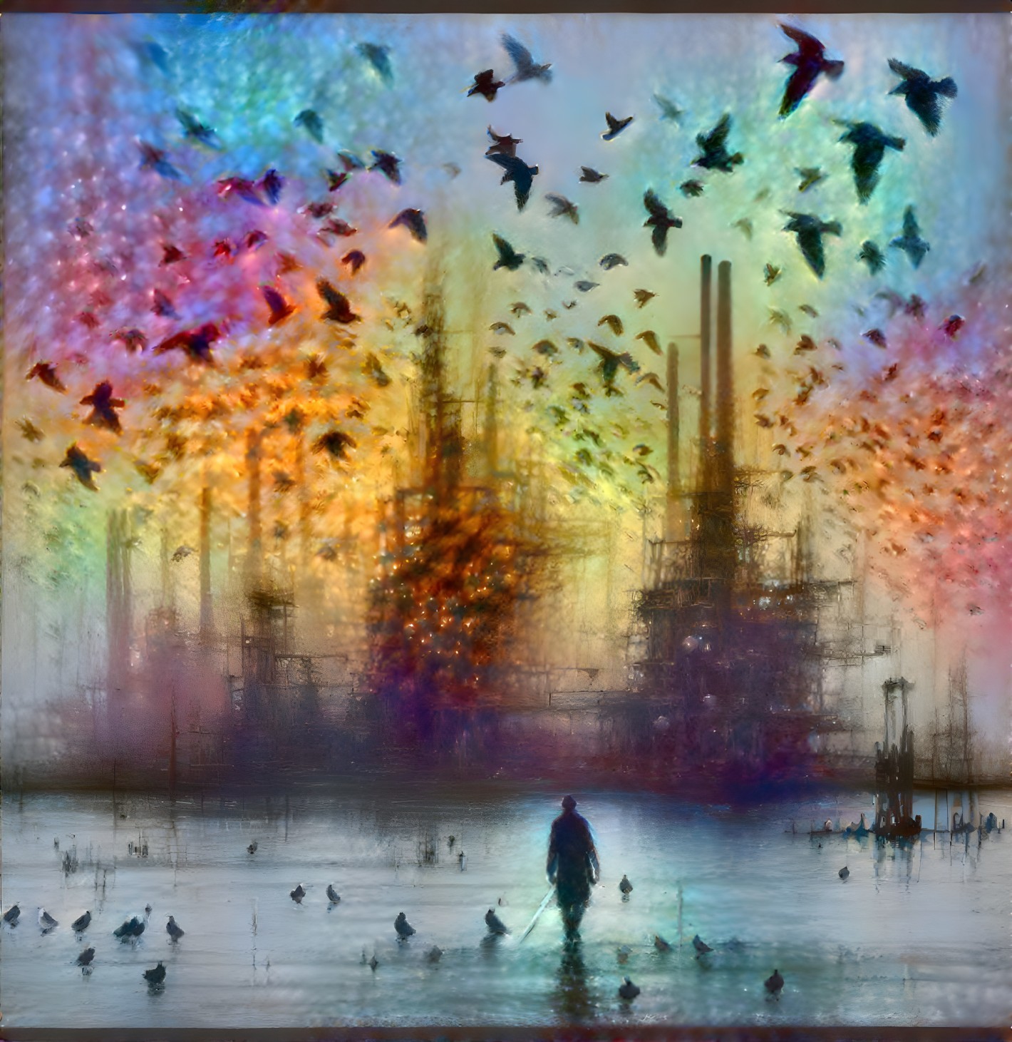 Solitary Figure in Water with Industrial Skyline View