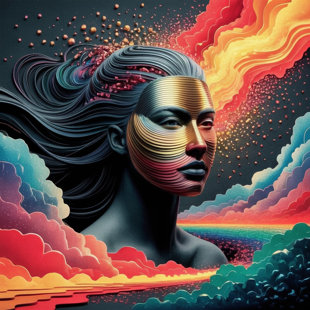 Stylized female face with vibrant patterns and colors