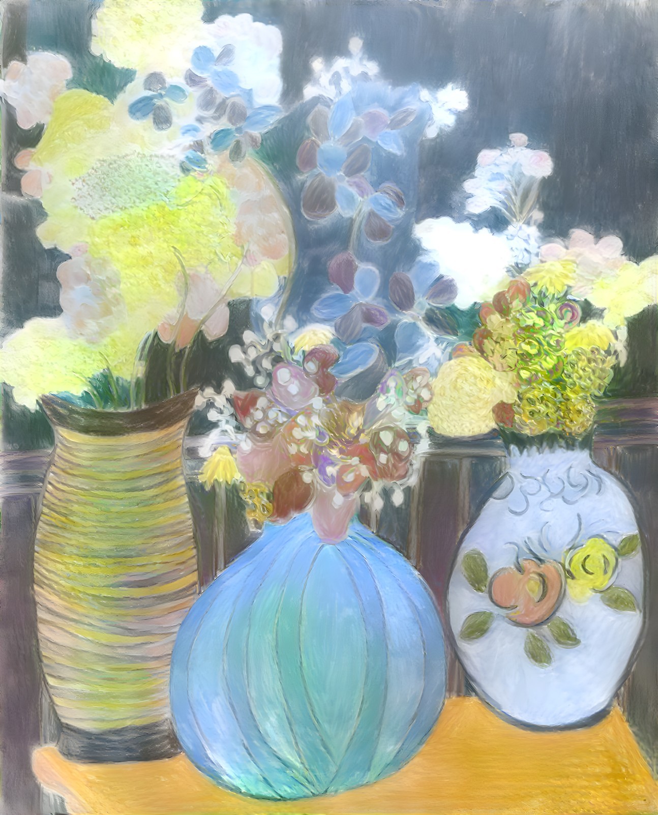 Three Vases with Colorful Flowers and Soft Hues